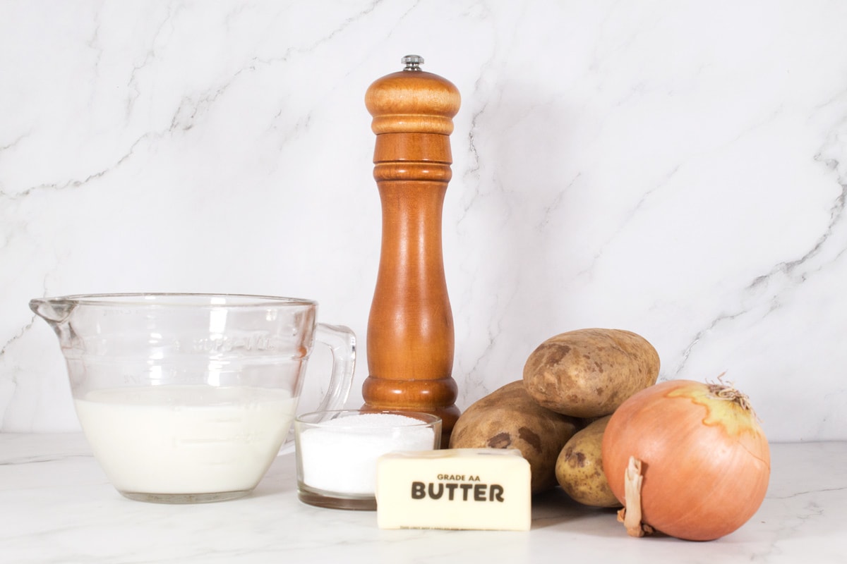 Ingredients for Easy 4-Ingredient Potato Soup on the counter.