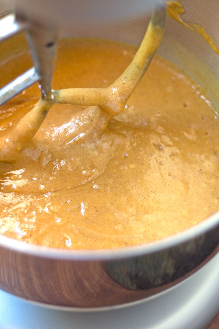 Pumpkin sheet cake batter in bowl.