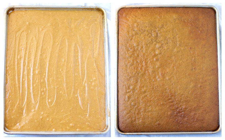 Side-by-side of cake batter and baked cake.