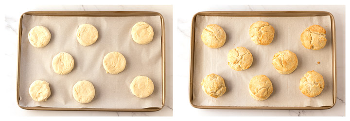 Raw and baked biscuits on cookie sheet