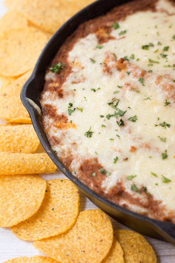 Refried bean bake with Gooey Cheese in Skillet