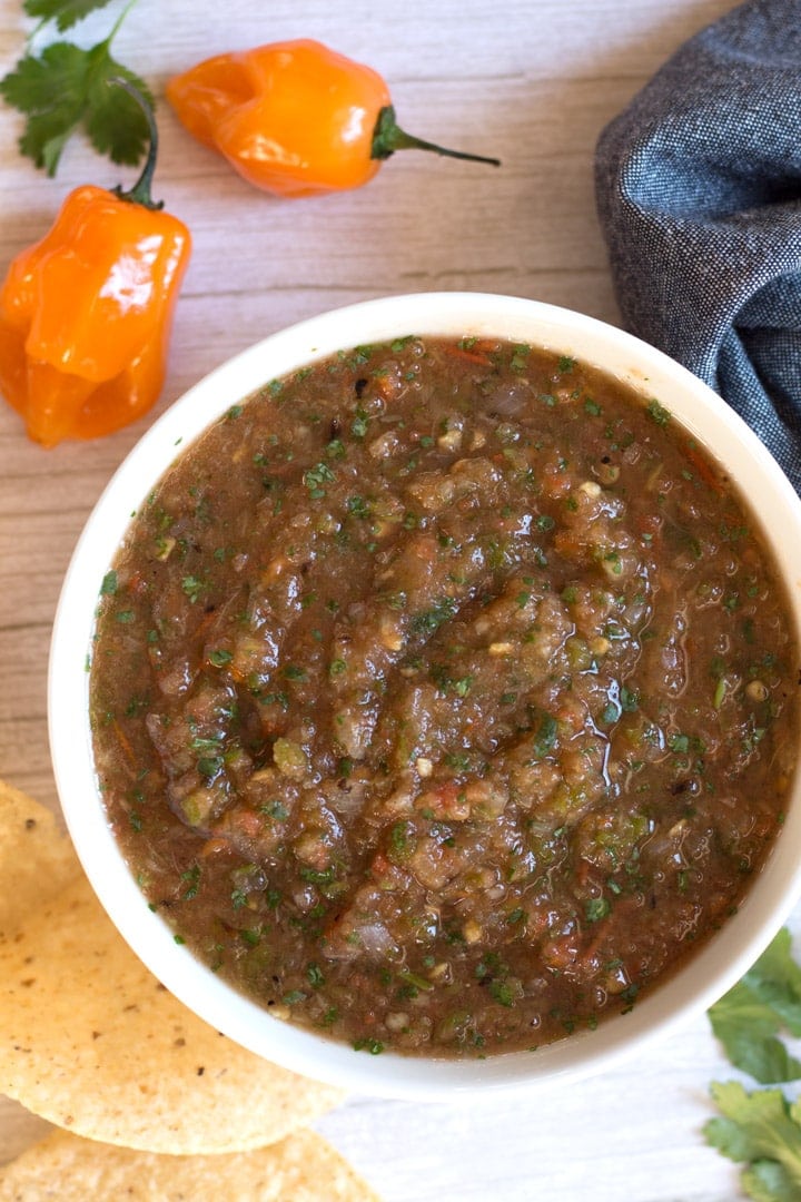 Overhead of Roasted Pineapple Habanero Salsa in bowl