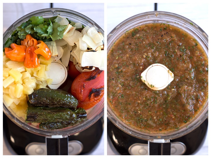 Ingredients in food processor before and after blending