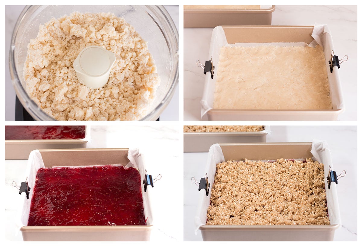 Square baking pan showing layers of crust, raspberry filling, and oatmeal streusel topping on crumb bars.