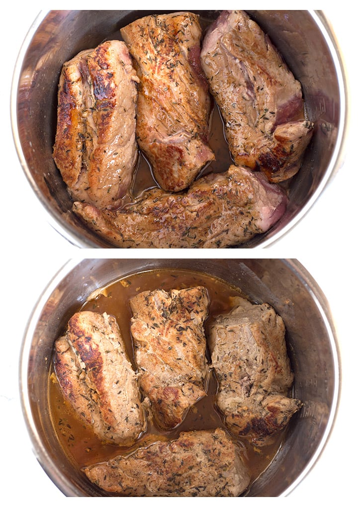Pork tenderloin in Instant Pot after searing and after cooking. 