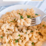 Fork of mac and cheese with text overlay