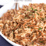 Bowl of Brown Butter Rice Pilaf with text overlay
