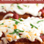Close up of Chicken Parmesan with text overlay