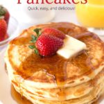 Short stack of Famous Farm Pancakes (with buttermilk) with text overlay