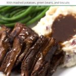 Pot roast and potatoes on a plate with text overlay