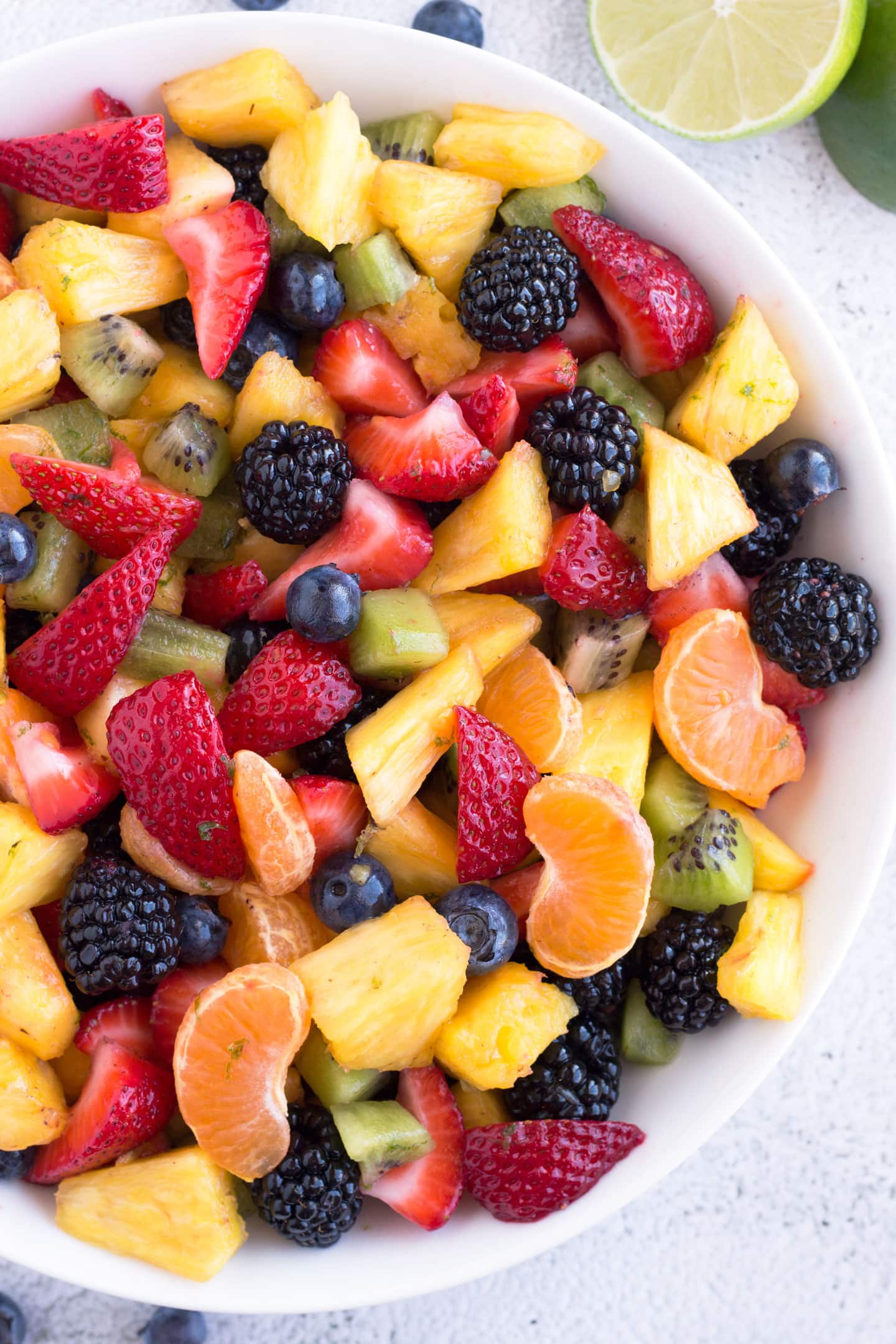 Close up of finished Summer Fruit Salad with Honey Lime Dressing