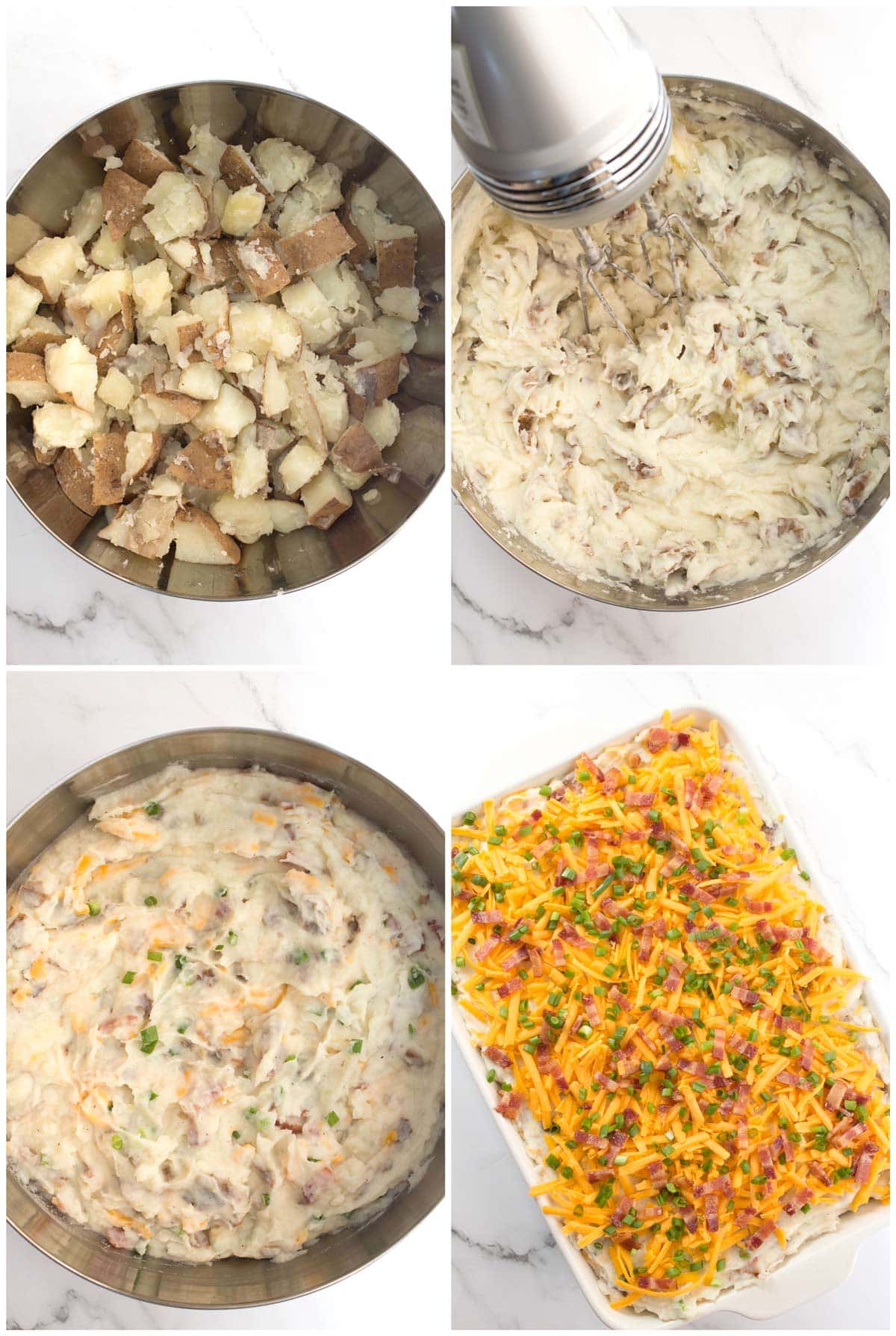 Boiled potatoes in a bowl (photo 1), potatoes mashed (photo 2), fillings mixed in (photo 3), and potatoes in casserole dish with cheese and bacon on top (photo 4).