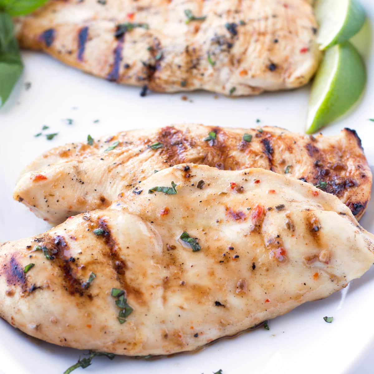 Grilled chicken on a platter with fresh herbs.