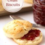 Biscuit sliced with jam with text overlay