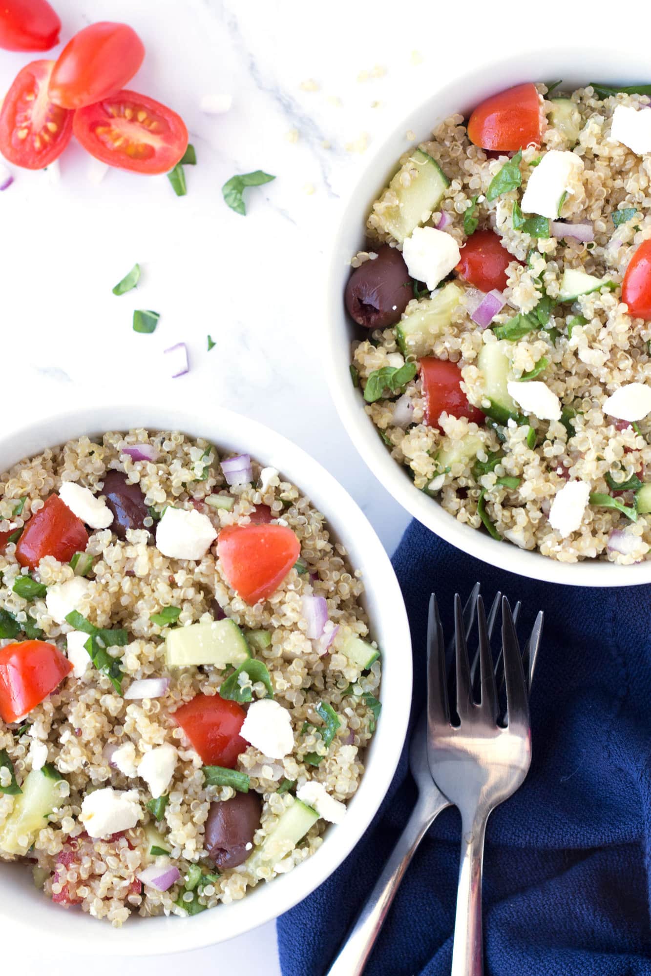 Overhead view of Greek Quinoa Salad in bowls