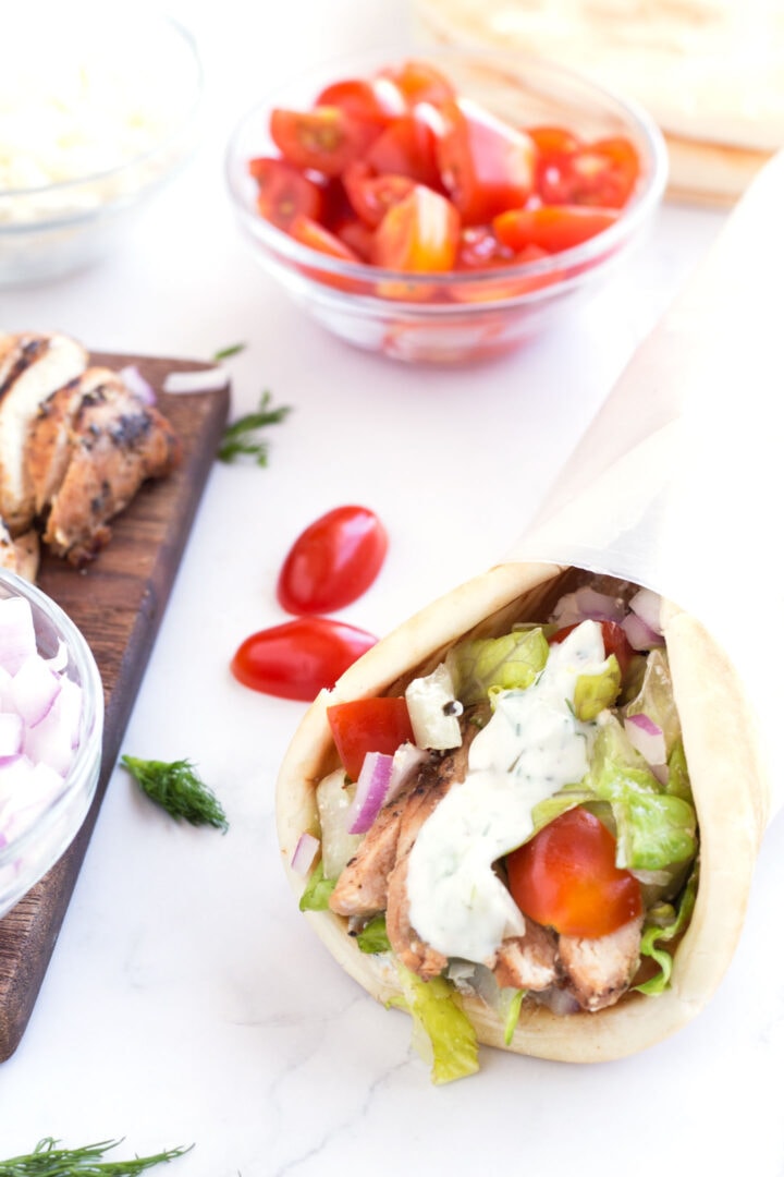 Grilled Greek Chicken Gyros with Tzatziki Sauce - Borrowed Bites