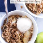 Overhead bowl of apple crisp with text overlay