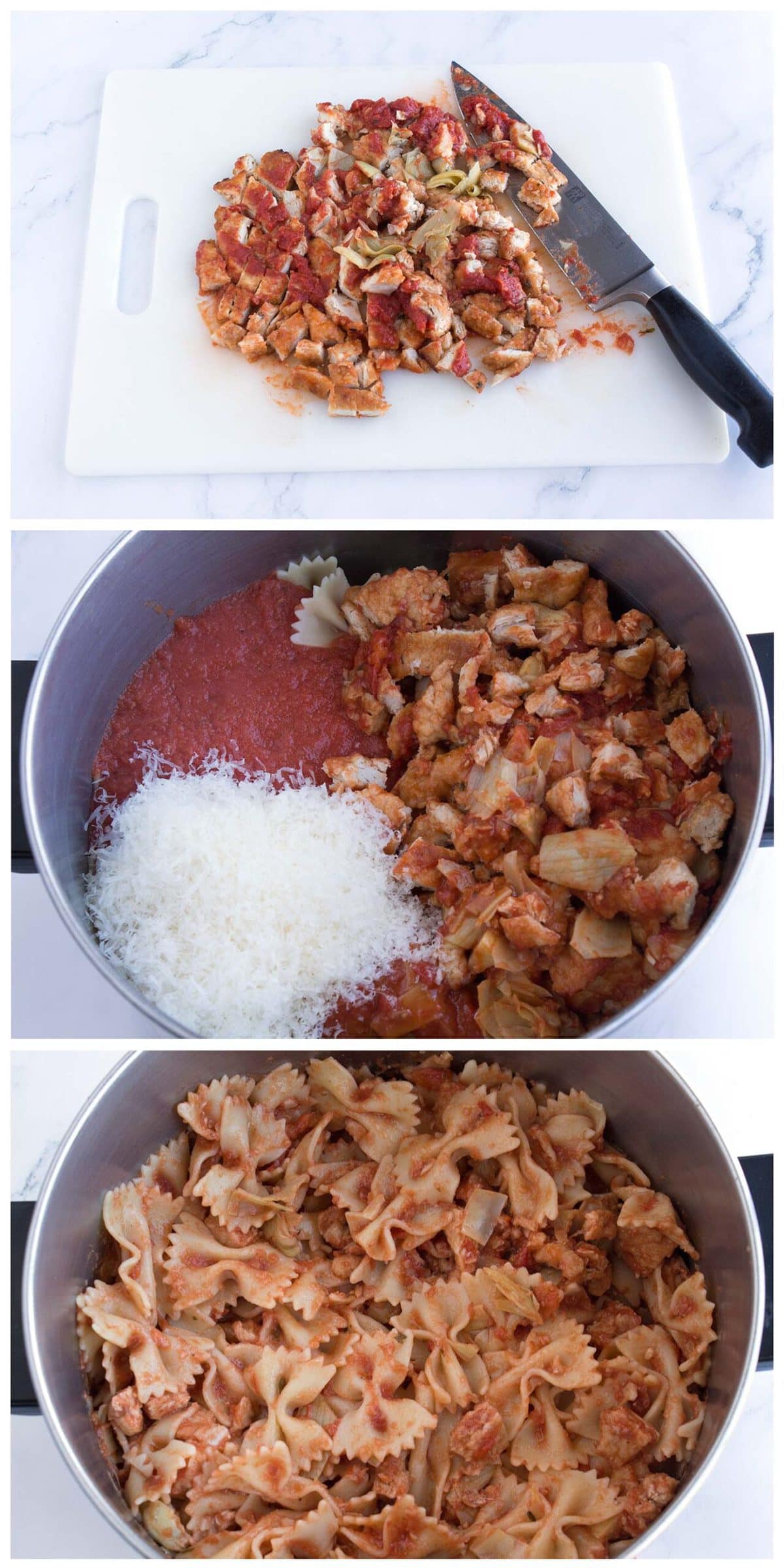 Chopped chicken on cutting board, ingredients in a pot, and final pasta stirred in pot