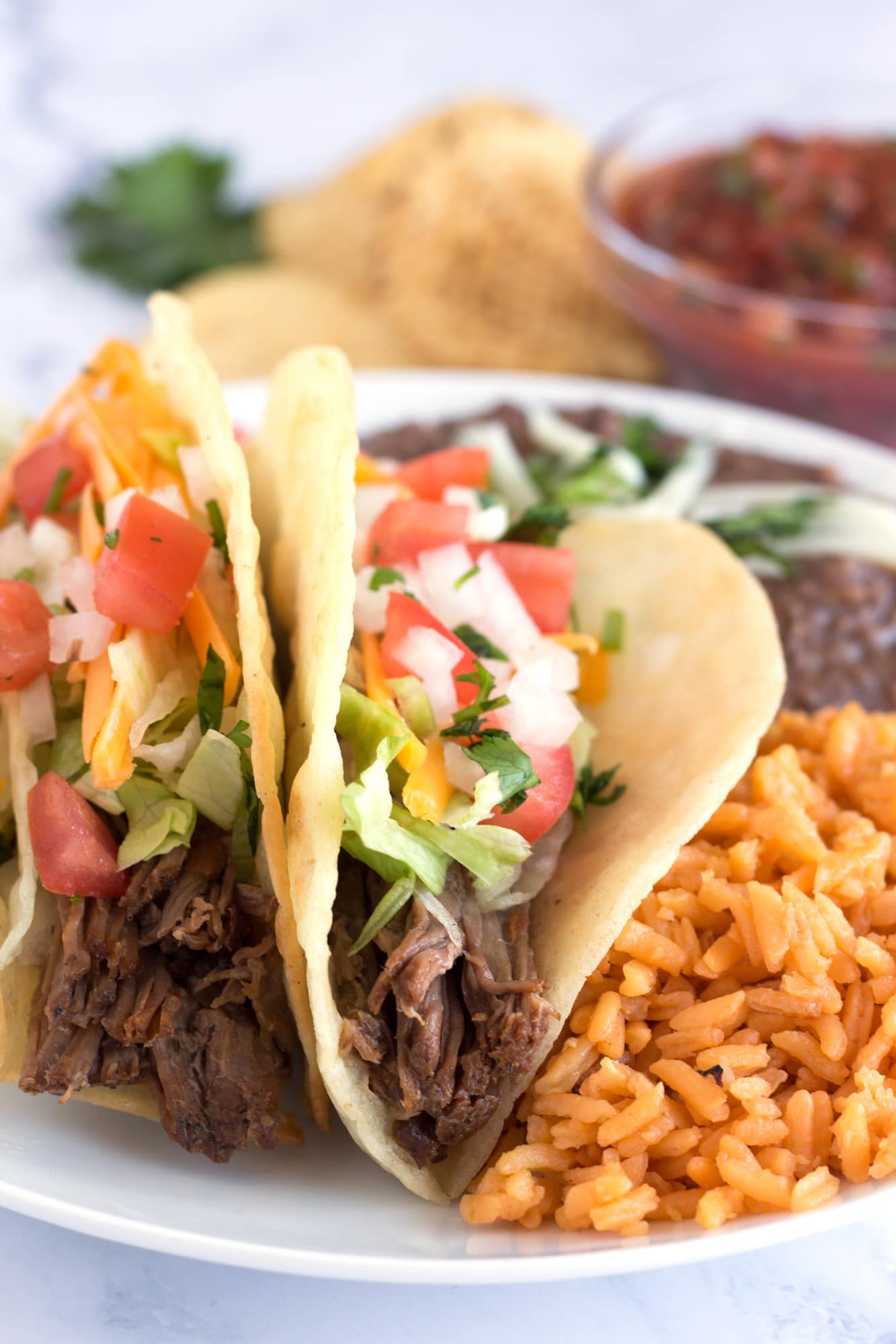 Shredded tacos, beans, and rice on plate.