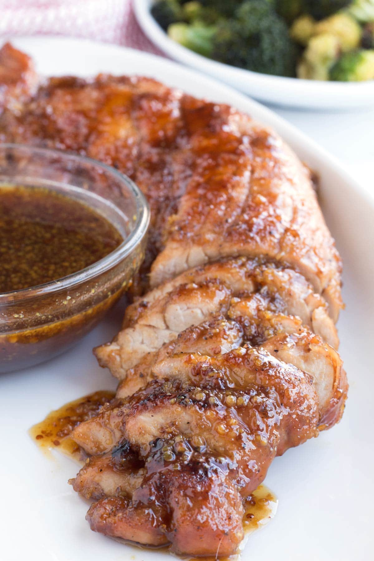 Close up view of slice Maple Glazed Pork Tenderloin