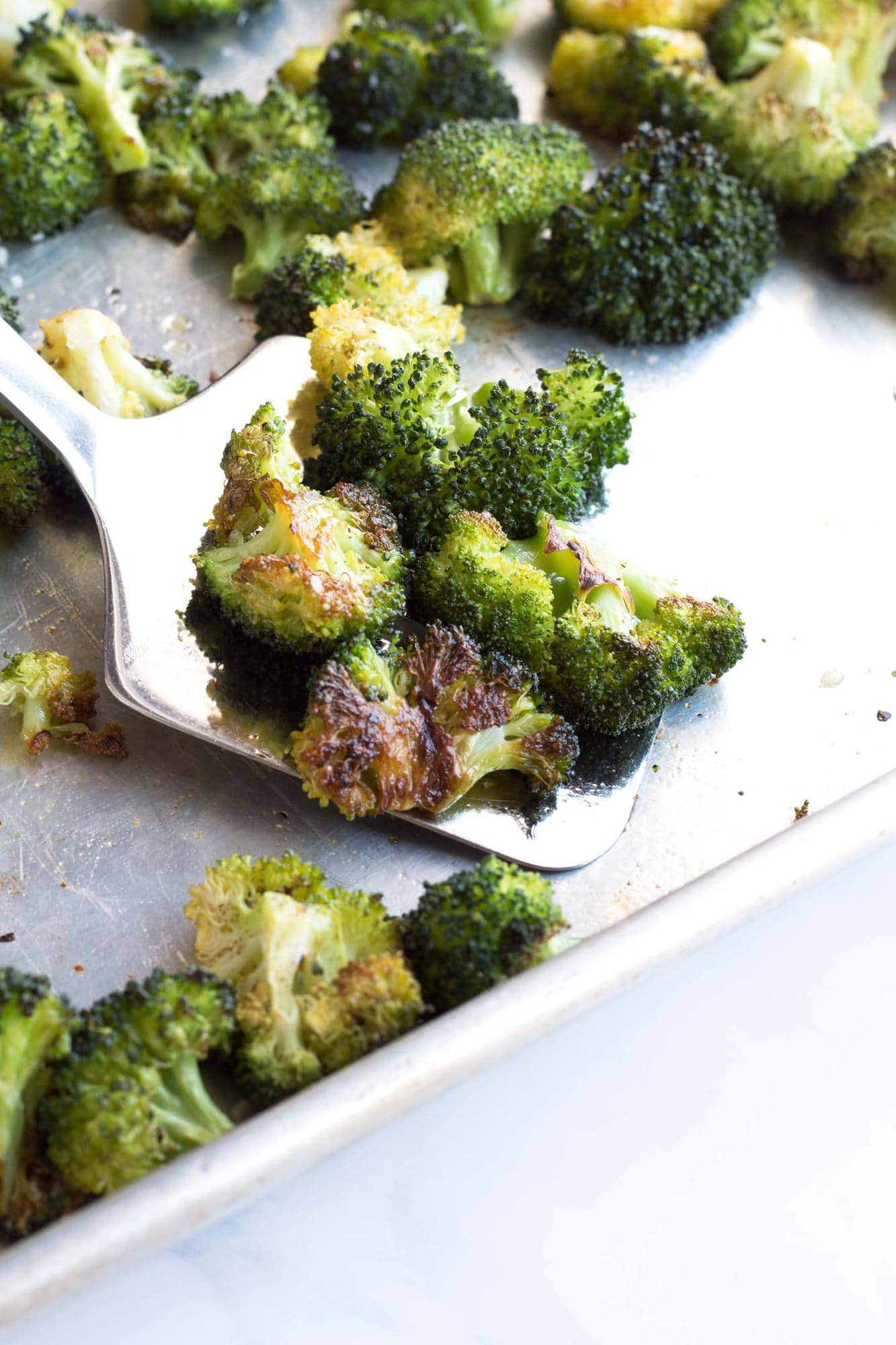 Spatula of perfect oven roasted broccoli