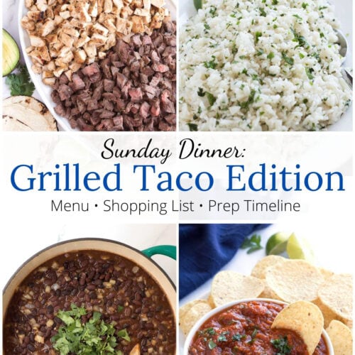 Square image of tacos, beans, rice, and salsa with graphic overlay.
