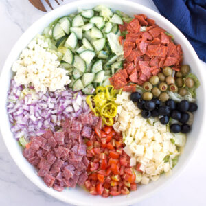 INgredients of Italian Chopped Salad in serving dish.