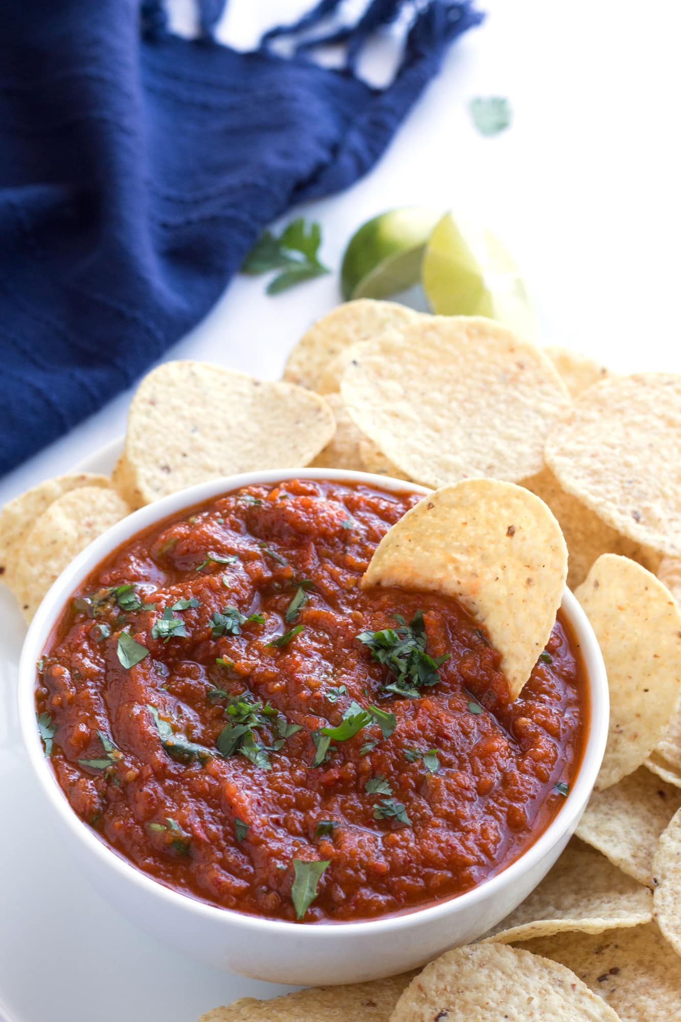 Salsa and chips on a platter