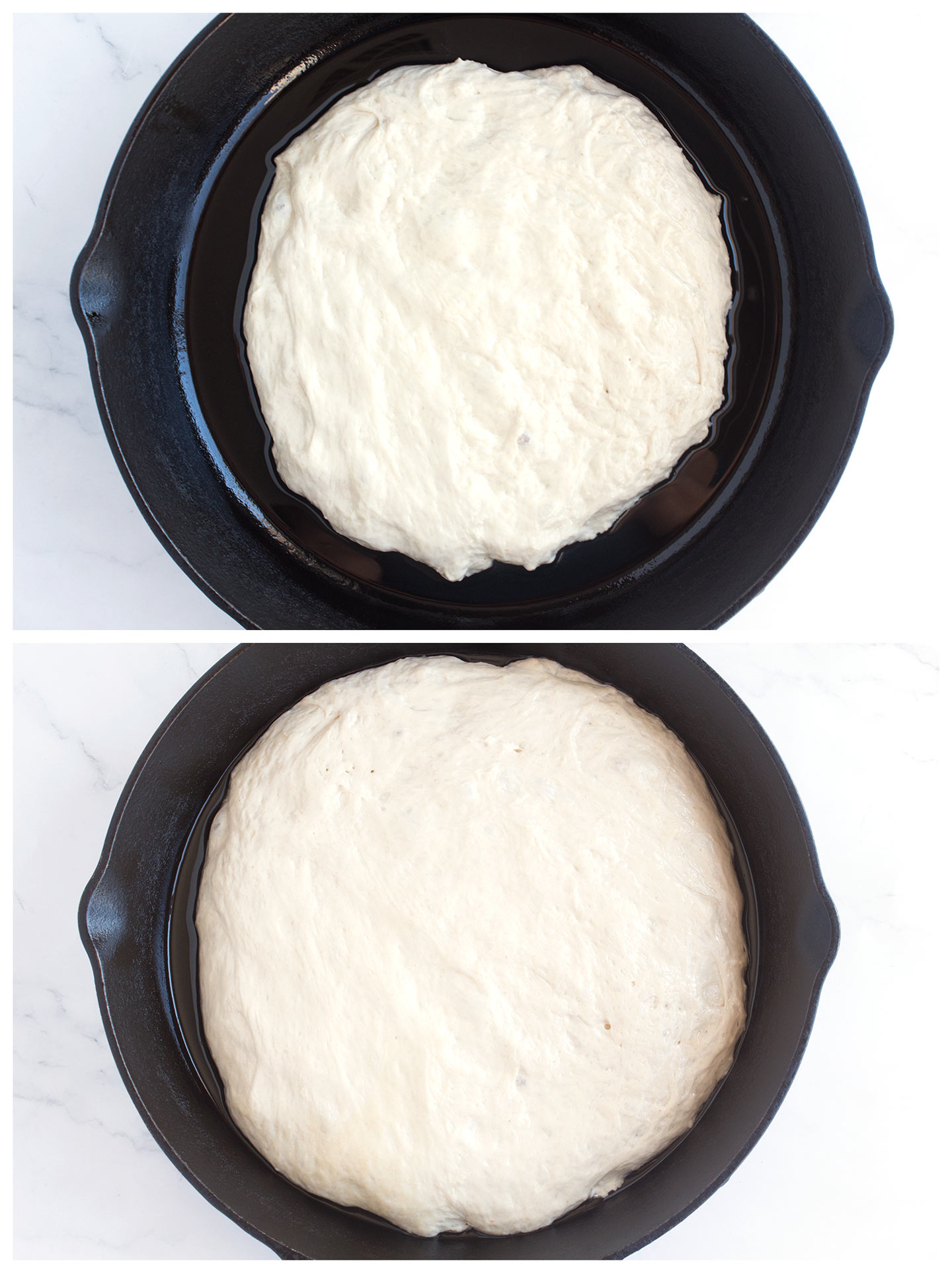 Dough in skillet before and after rising.