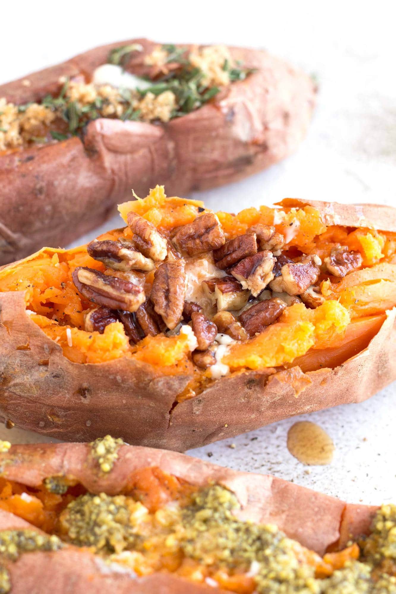Close up of perfect baked sweet potato with toppings