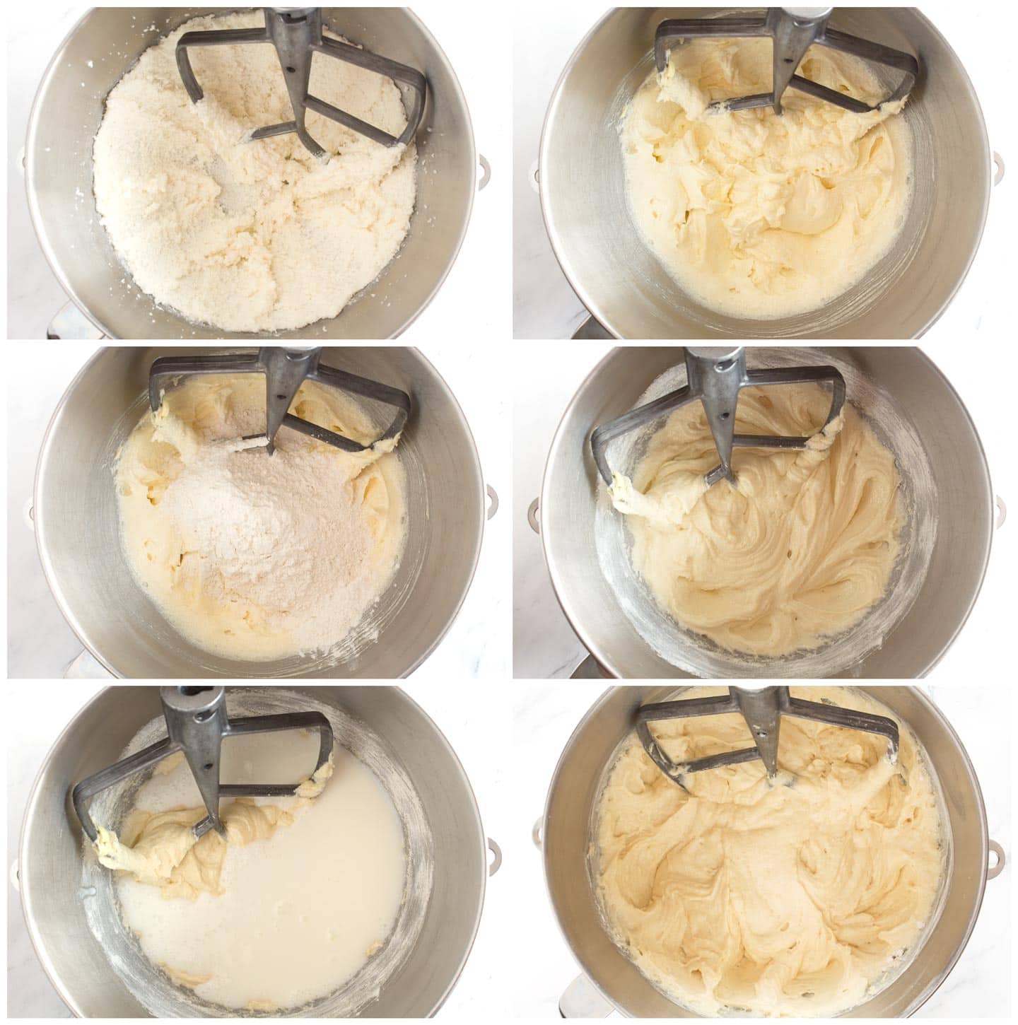 6 steps to make buttermilk cake batter.