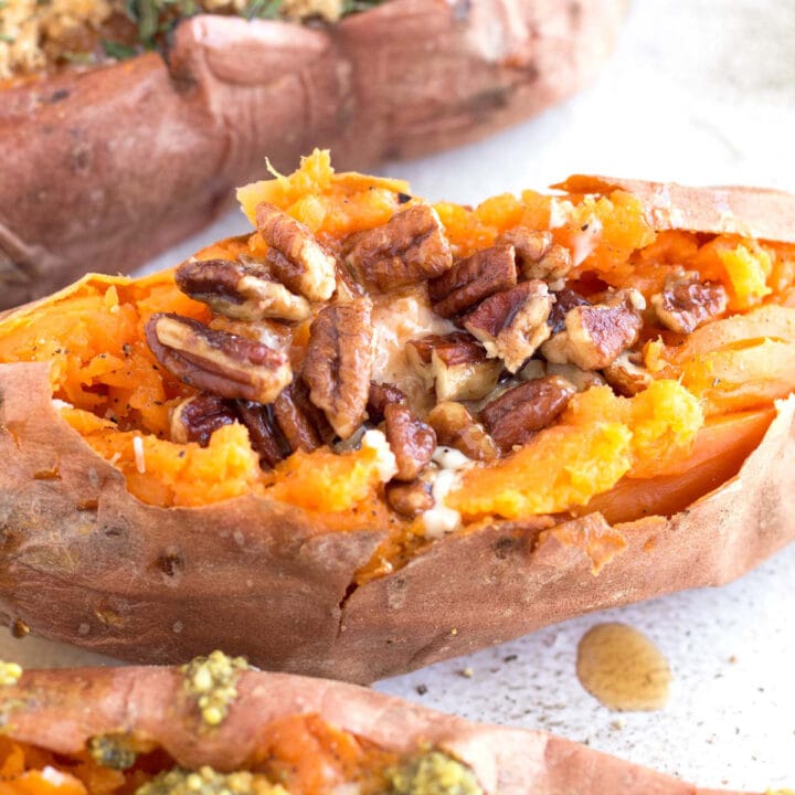 Close up of perfect baked sweet potato with candied nuts