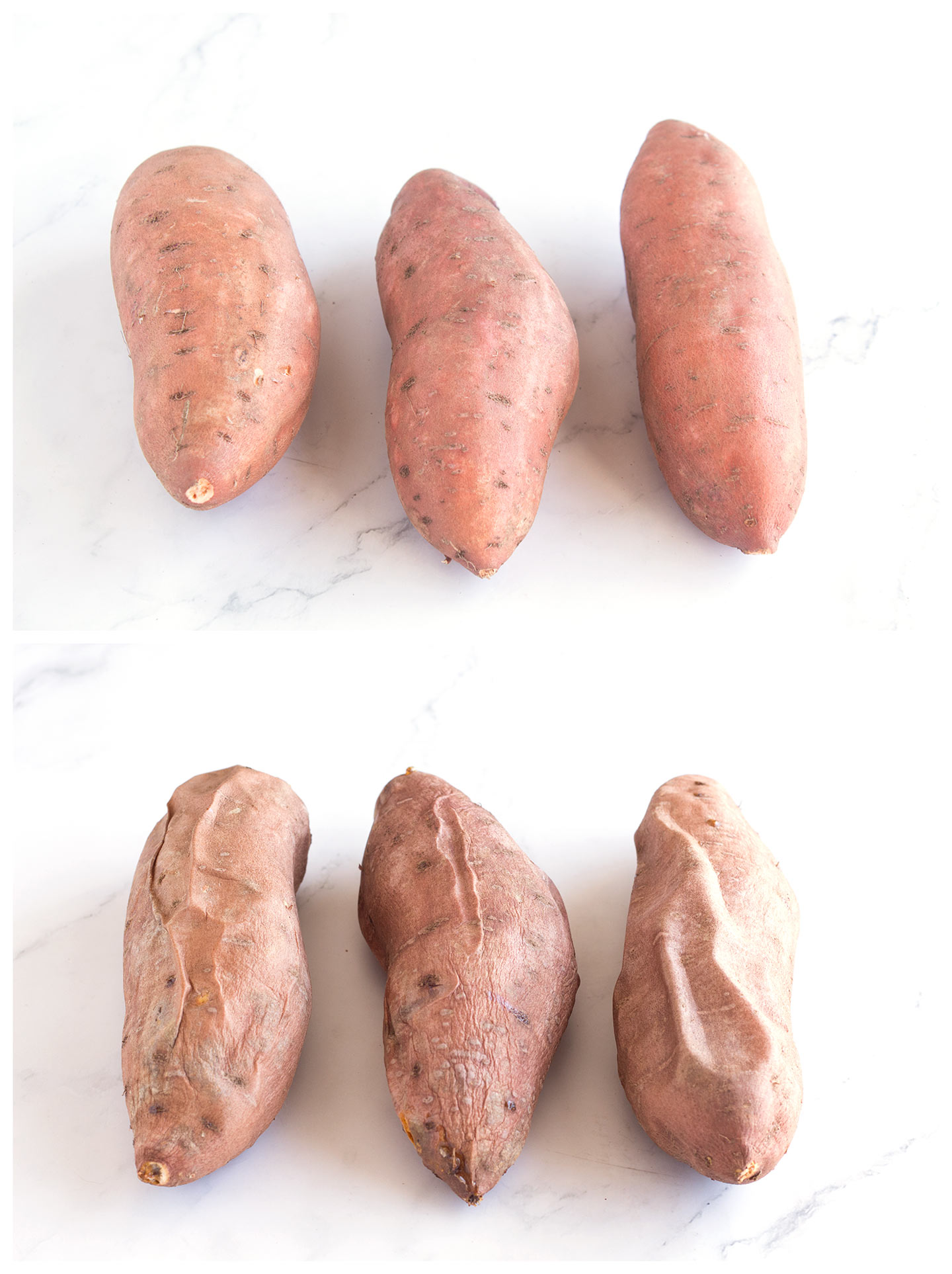 Raw sweet potatoes above baked sweet potatoes to compare.