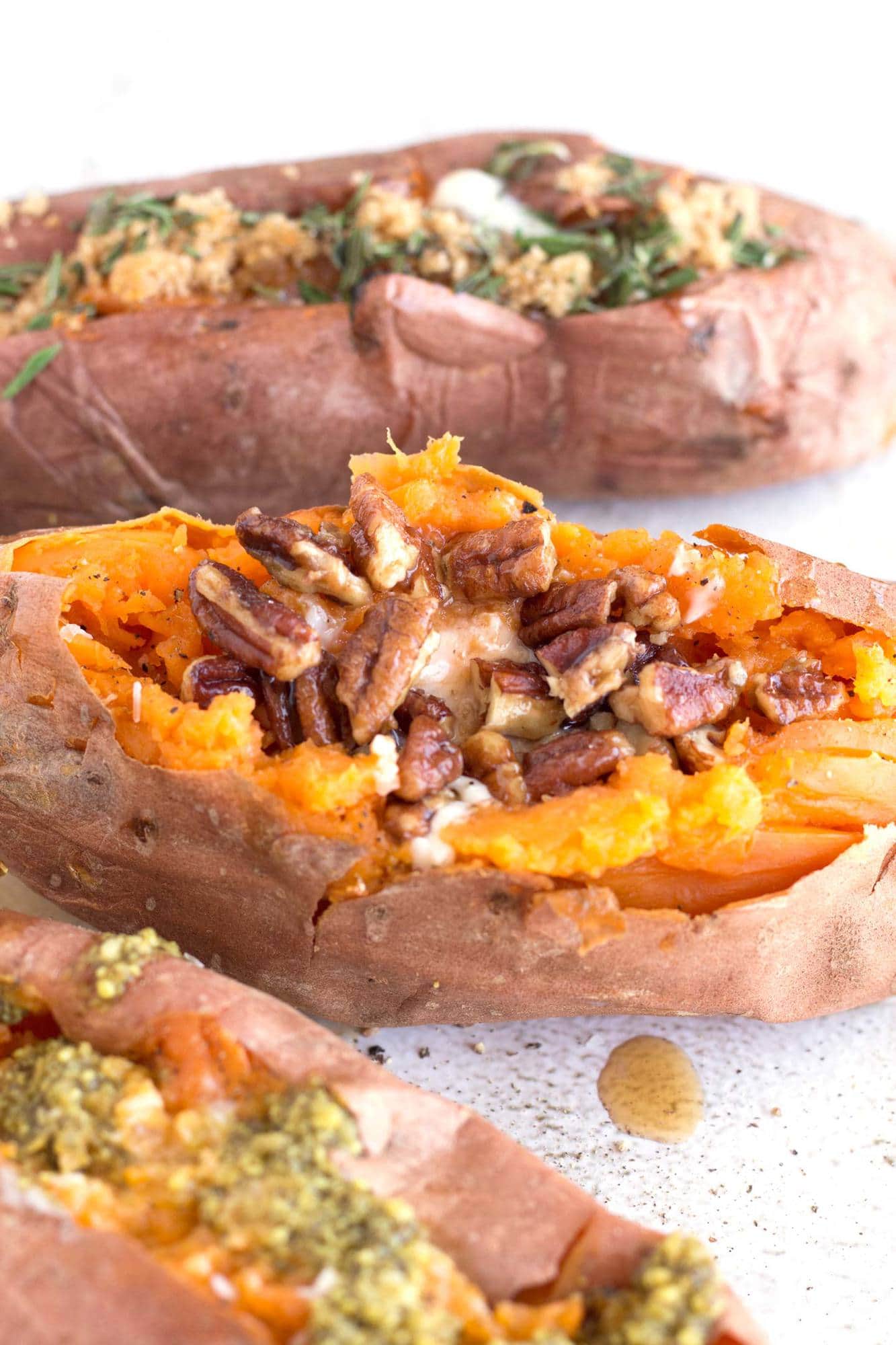 3 baked sweet potatoes with toppings