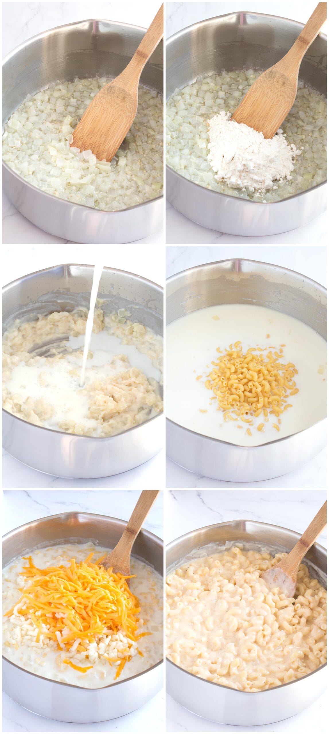 6 steps to making mac and cheese in a pot.