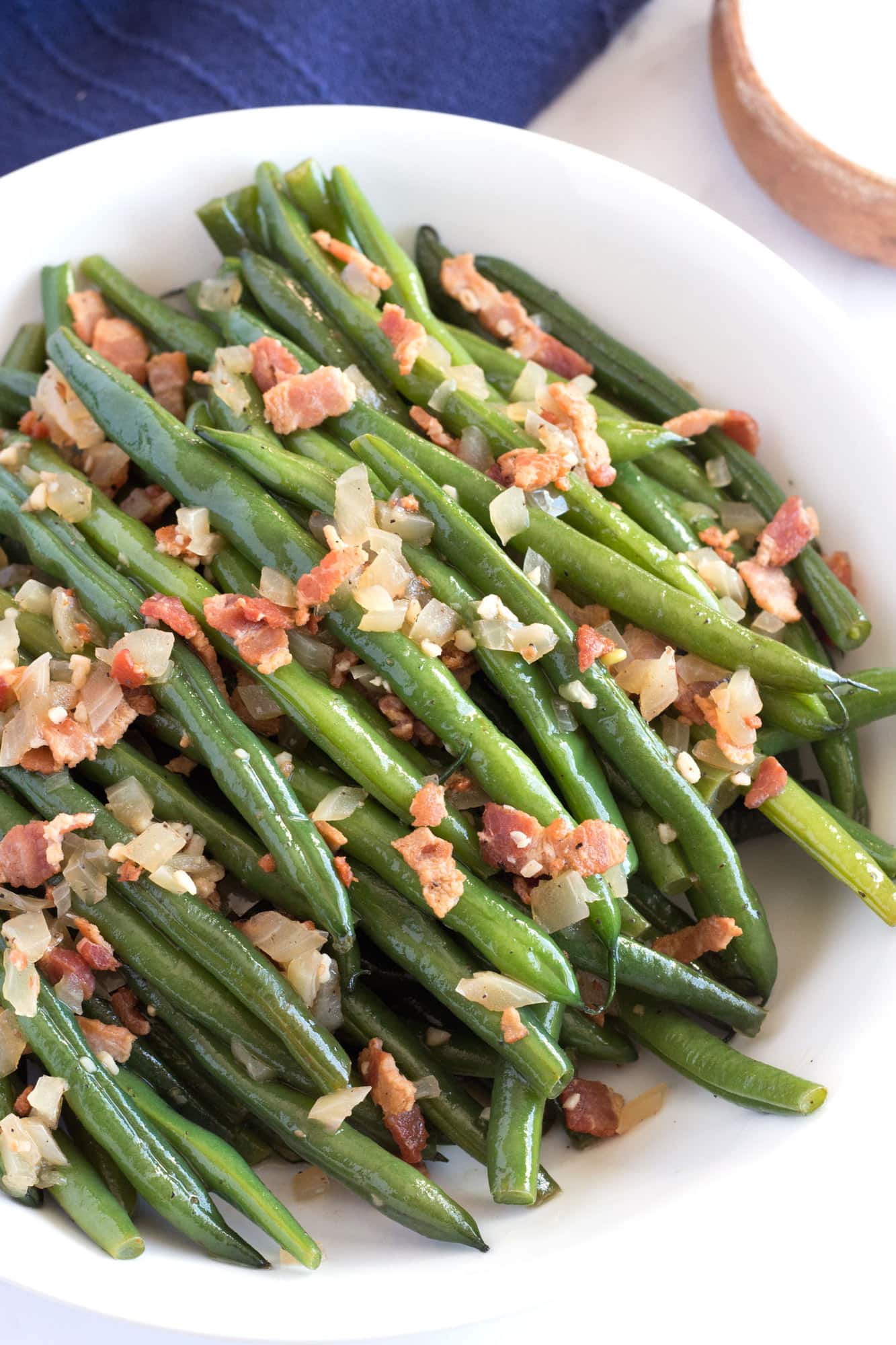 Bowl full of Fresh Green Beans with Bacon.