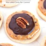 Close view of caramel pecan shortbread cookies with text overlay