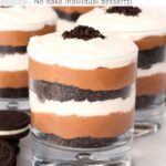 Chocolate parfaits in clear glass cups on counter with text overlay