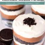 Close view of chocolate mousse in parfait glasses with text overlay.