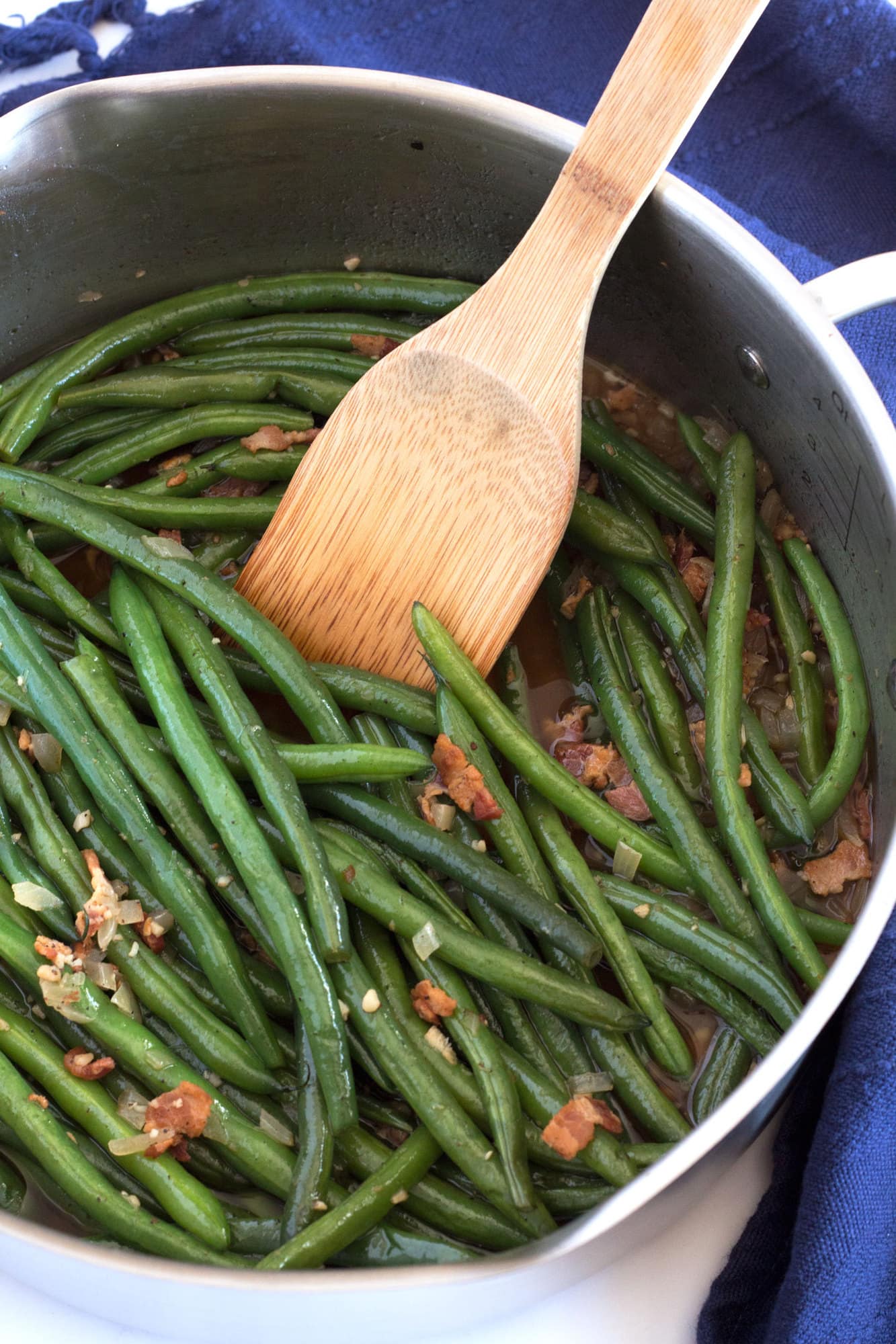 Fresh Green Beans with Bacon in a pot after cooking.