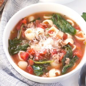 White bowl of Italian Sausage Soup with Pasta