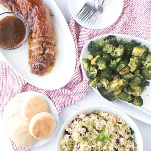 Sunday Dinner: Maple Glazed Pork Tenderloin Edition on table in serving dishes.