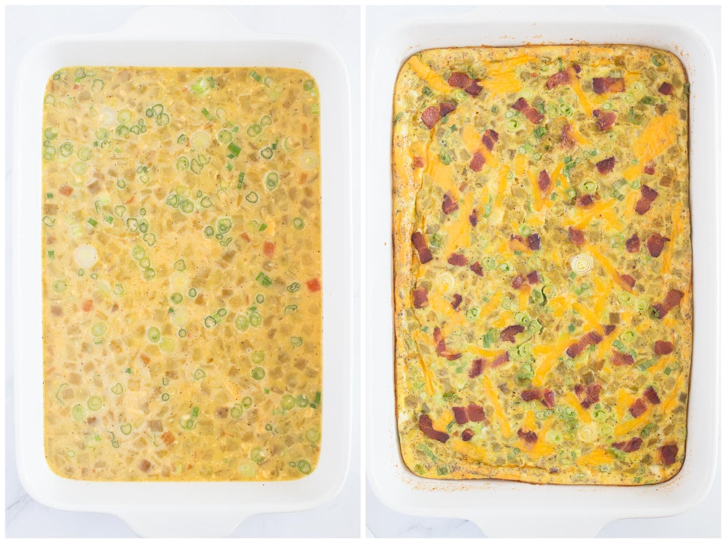 Before and after of southwest egg bake in baking dish.