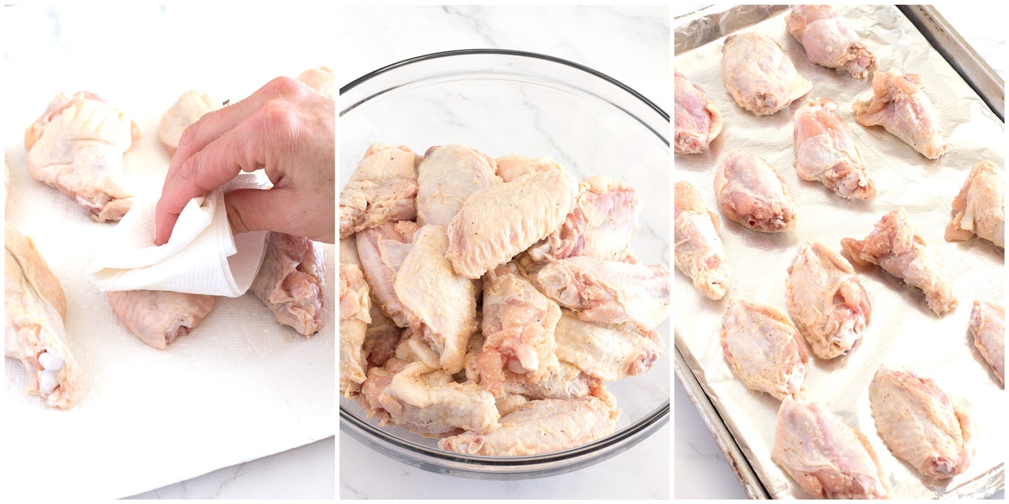 Patting chicken dry, adding seasonings, and baking on sheet pan.