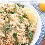 White bowl of Lemon Quinoa Salad with Feta on blue towel with text overlay.