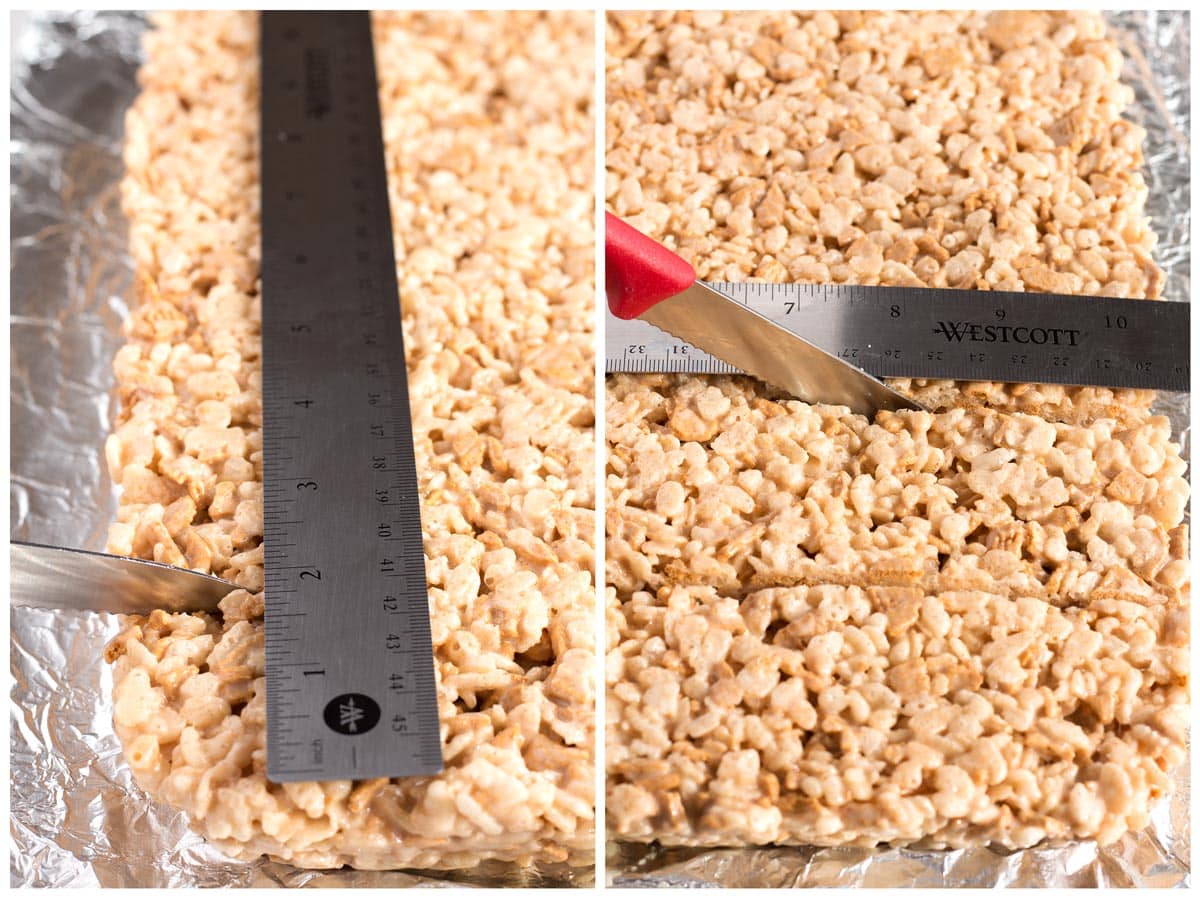 Using ruler and knife to cut brown butter rice krispie treats straight.