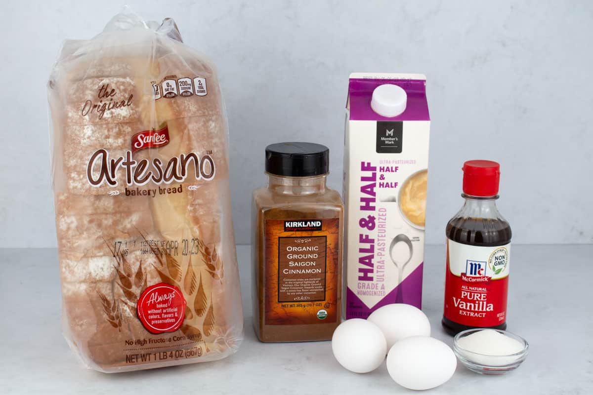 Ingredients for basic, simple french toast on countertop.