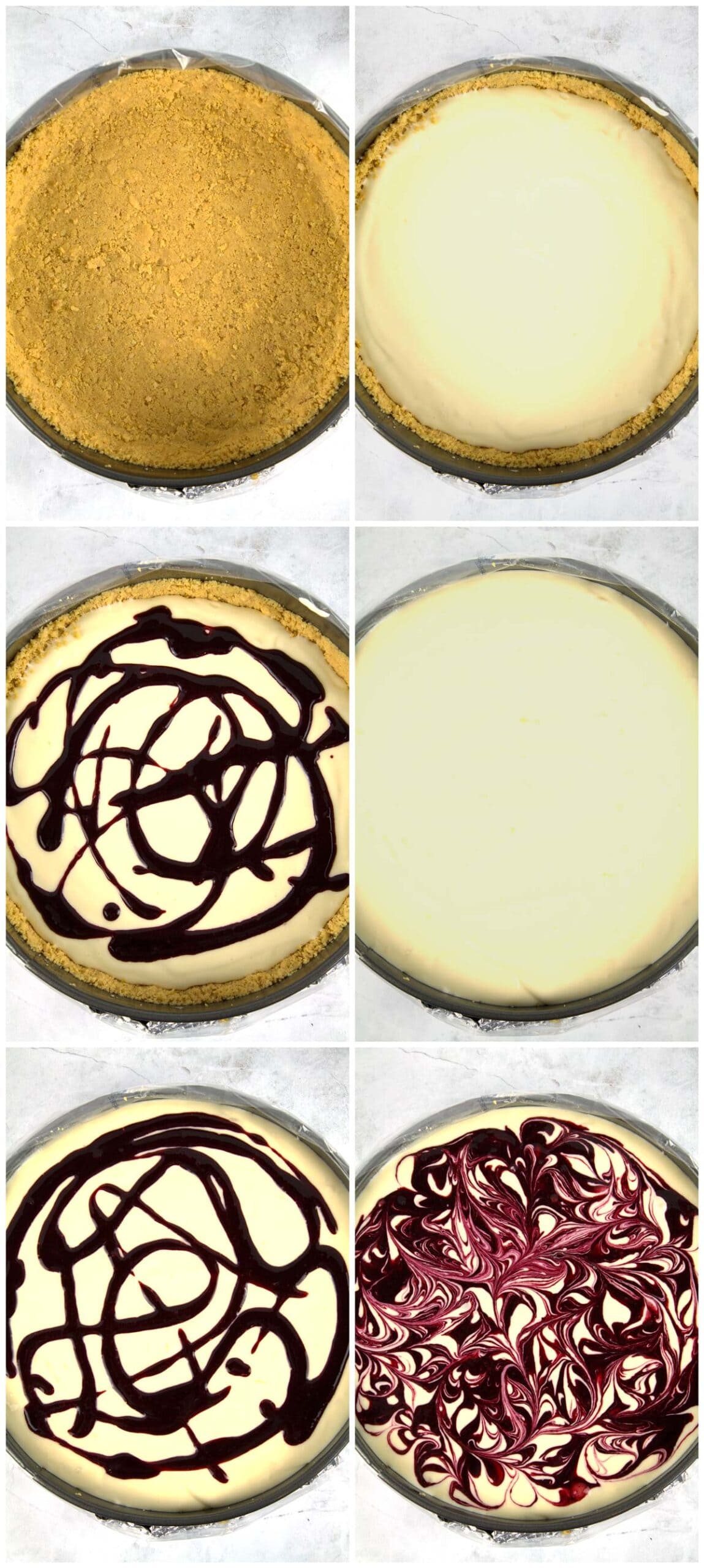 Cheesecake with blackberry sauce before and after swirling.
