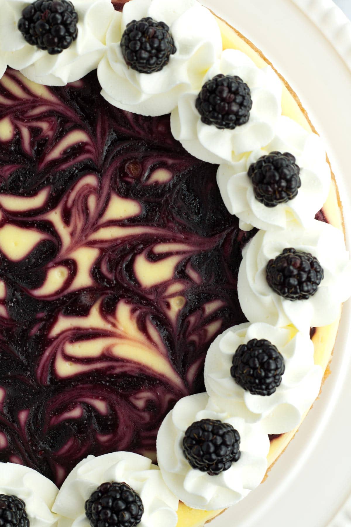 Overhead view of swirled blackberry cheesecake with whipped cream on edges.