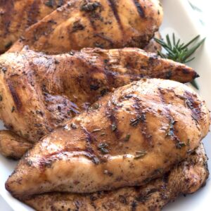 Balsamic brown sugar marinated chicken breasts, grilled and placed on serving platter.